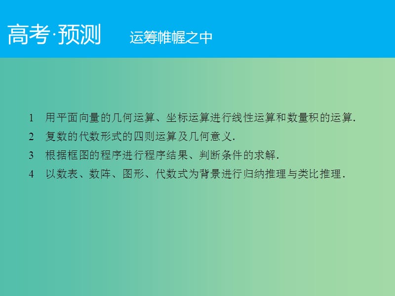 高考数学二轮复习 第1部分 专题1 必考点2 平面向量与复数运算、算法、合情推理课件 理.ppt_第2页