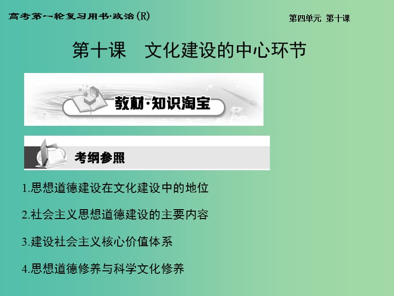 高考政治第一轮复习 第四单元 第十课 文化建设的中心环节课件 新人教版必修3.ppt_第1页