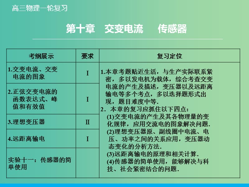 高考物理大一轮复习 10.1交变电流的产生及描述课件 新人教版.ppt_第1页