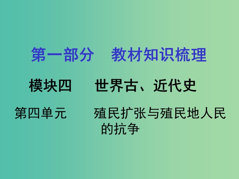 中考历史 第一部分 教材知识梳理 模块四 世界古 近代史 第四单元 殖民扩张与殖民地人民的抗争课件.ppt_第1页