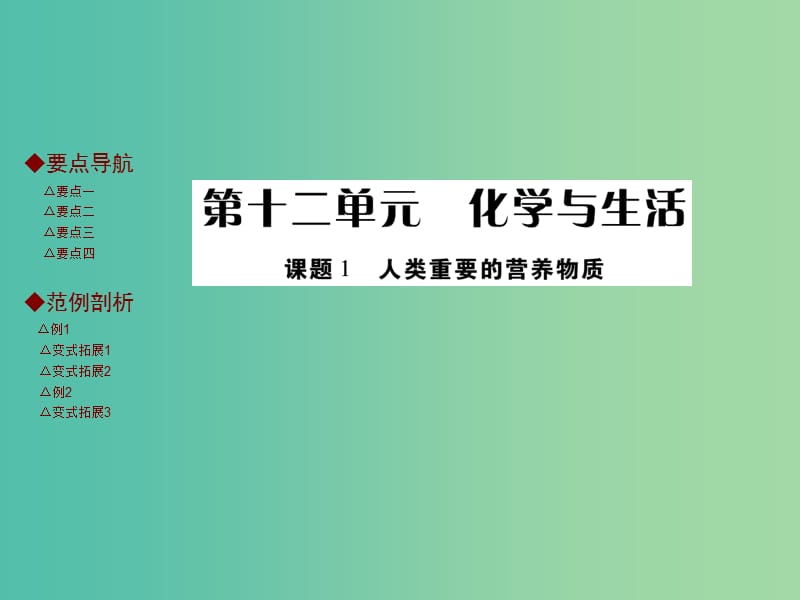 九年级化学下册 第十二单元 化学与生活 课题1 人类重要的营养物质课件 新人教版.ppt_第1页