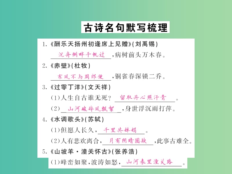 中考语文 第一轮 复习教材 夯基固本 八下 古诗名句默写梳理课件 新人教版.ppt_第1页