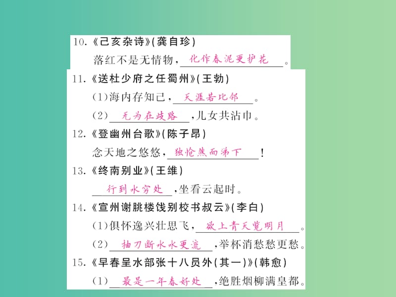 中考语文 第一轮 复习教材 夯基固本 八下 古诗名句默写梳理课件 新人教版.ppt_第3页