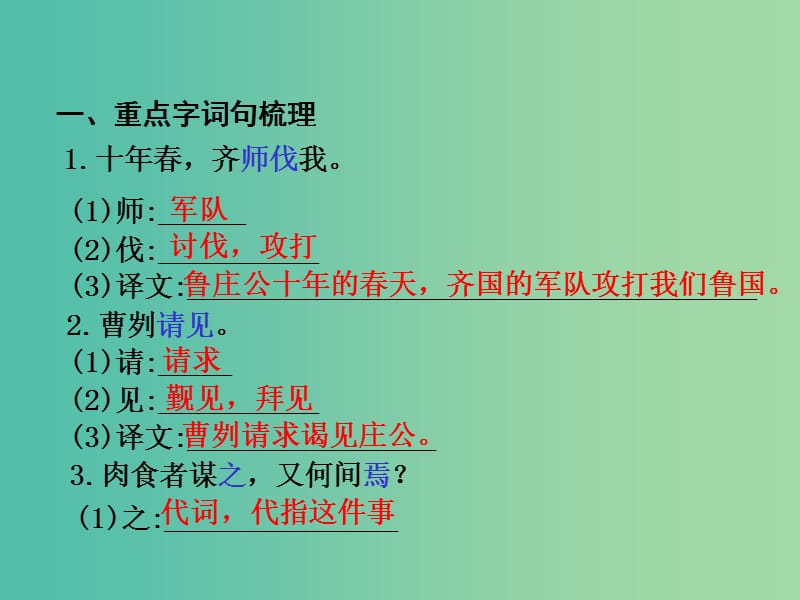 中考语文 第一部分 教材知识梳理 文言文知识复习 八上 六、曹刿论战课件.ppt_第2页