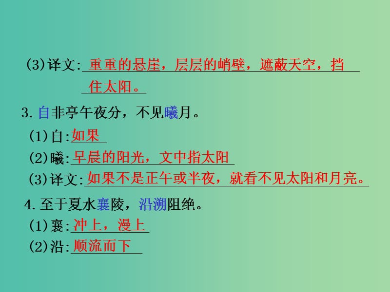 中考语文 第一部分 教材知识梳理 文言文知识复习 七上 五、三峡课件.ppt_第3页