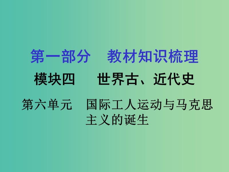 中考历史 第一部分 教材知识梳理 模块四 世界古 近代史 第六单元 国际工人运动与马克思主义的诞生课件.ppt_第1页