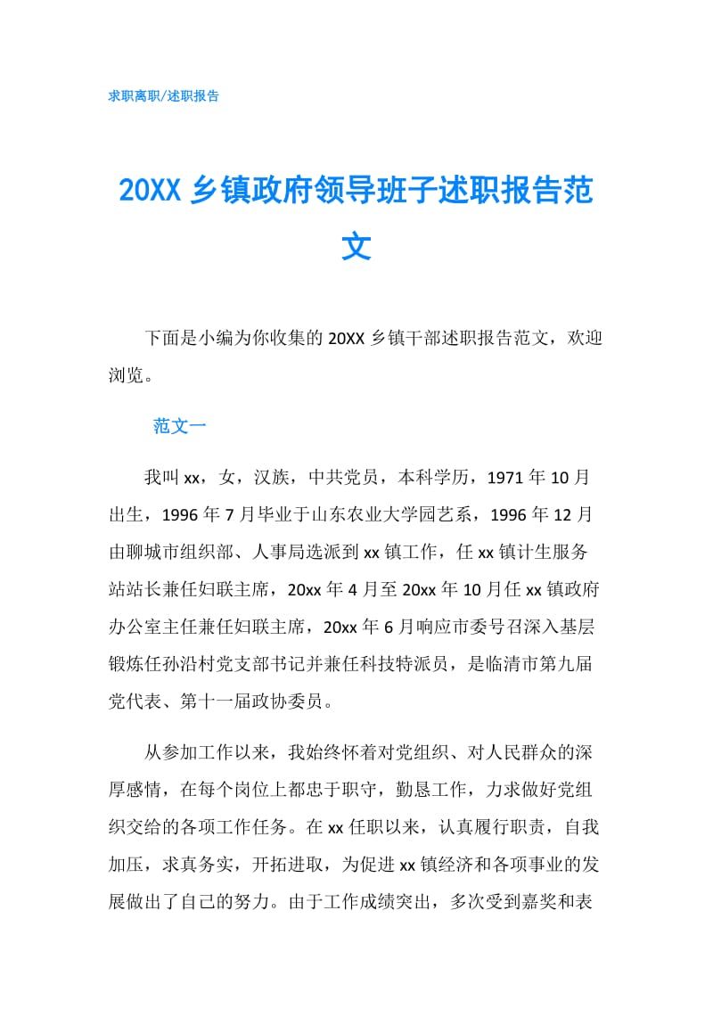 20XX乡镇领导班子述职报告范文.doc_第1页