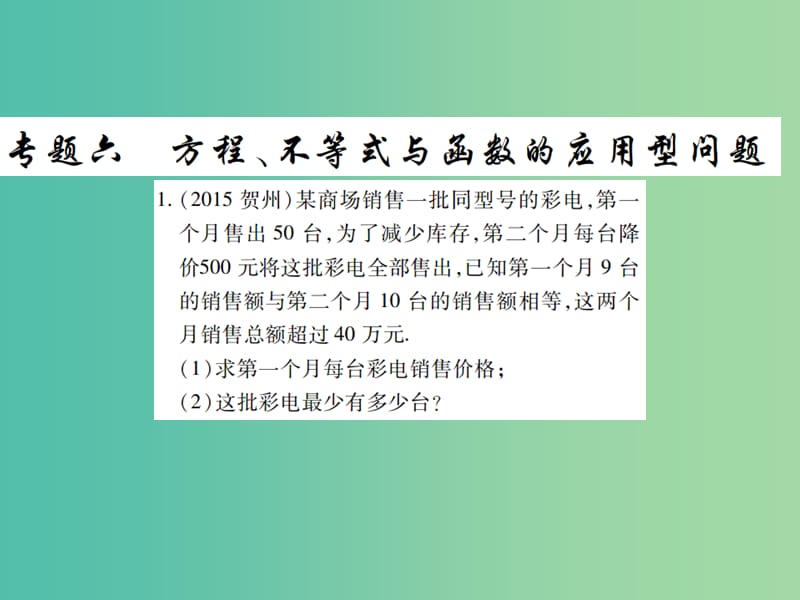 中考数学二轮复习 专题六 方程 不等式与函数的应用型问题精练课件.ppt_第1页