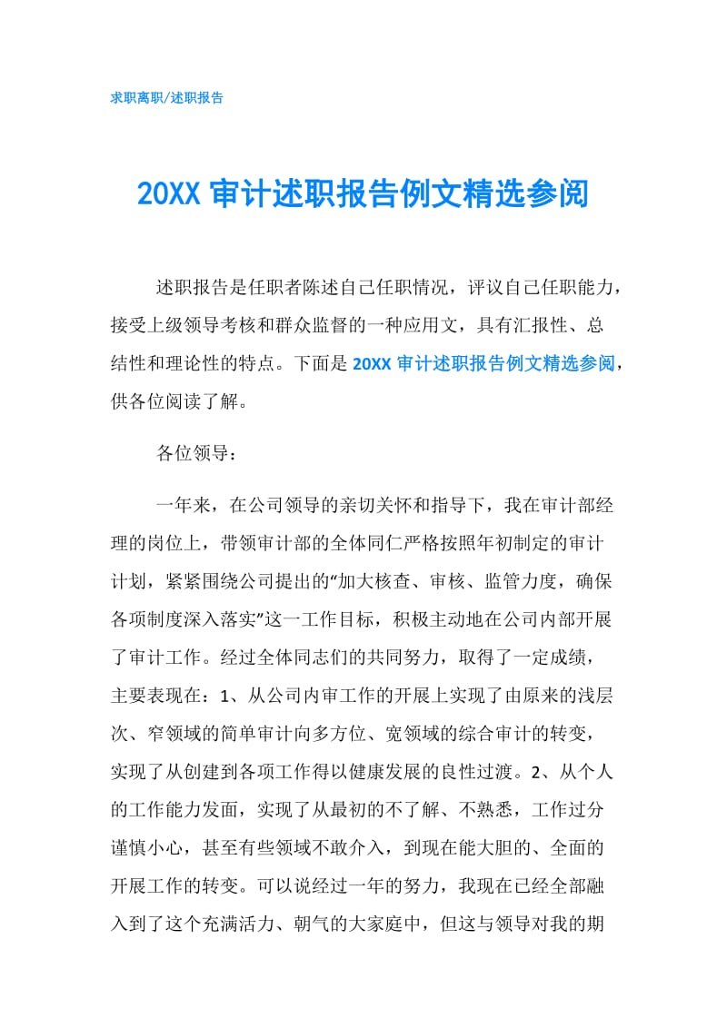 20XX审计述职报告例文精选参阅.doc_第1页