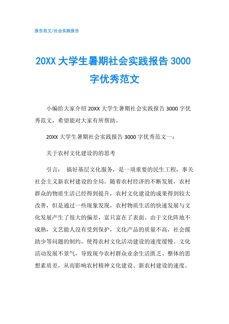 20XX大学生暑期社会实践报告3000字优秀范文.doc_第1页