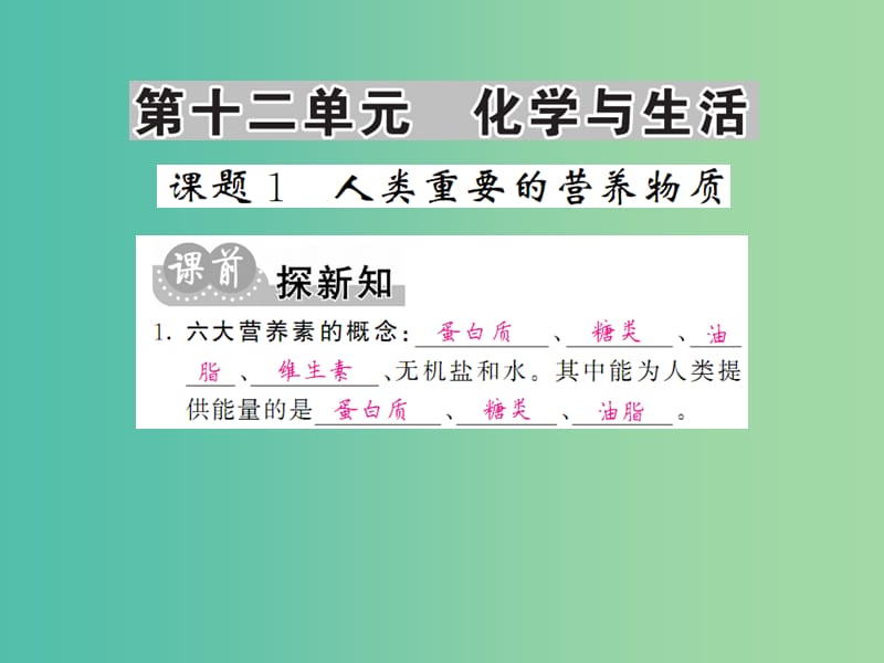 九年级化学下册 第十二单元 课题1 人类重要的营养物质课件 新人教版.ppt_第1页