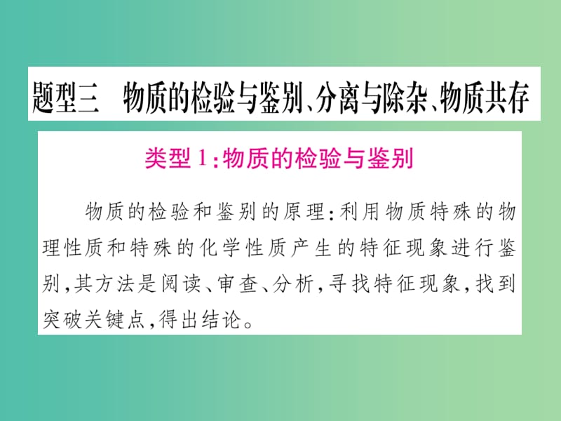 中考化学总复习 第二部分 中考重点题型突破 题型三 物质的检验与鉴别、分离与除杂、物质共存课件.ppt_第1页