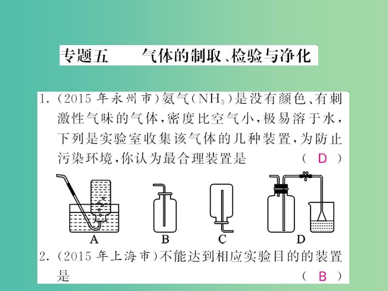 中考化学第二轮复习 专题训练 提升能力 专题五 气体的制取、检验与净化练习课件 新人教版.ppt_第1页