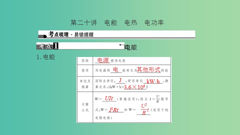 中考物理总复习 第二十讲 电能 电热 电功率课件.ppt_第1页