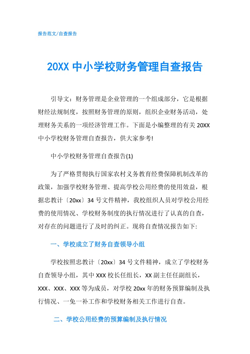 20XX中小学校财务管理自查报告.doc_第1页