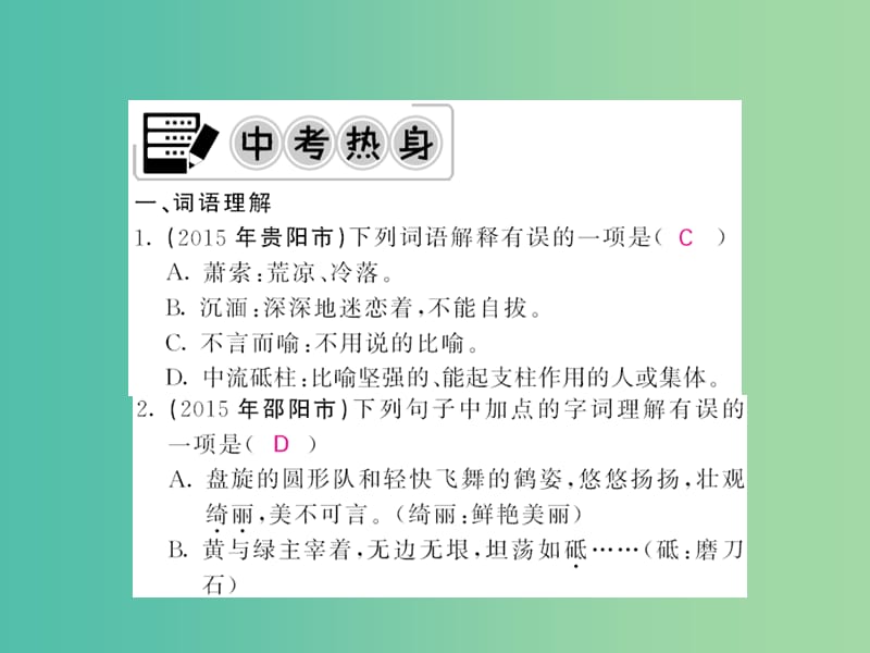 中考语文 第二轮 专题突破 能力提升 第一篇 语文知识积累与运用 专题二 词语的理解与运用课件 新人教版.ppt_第2页