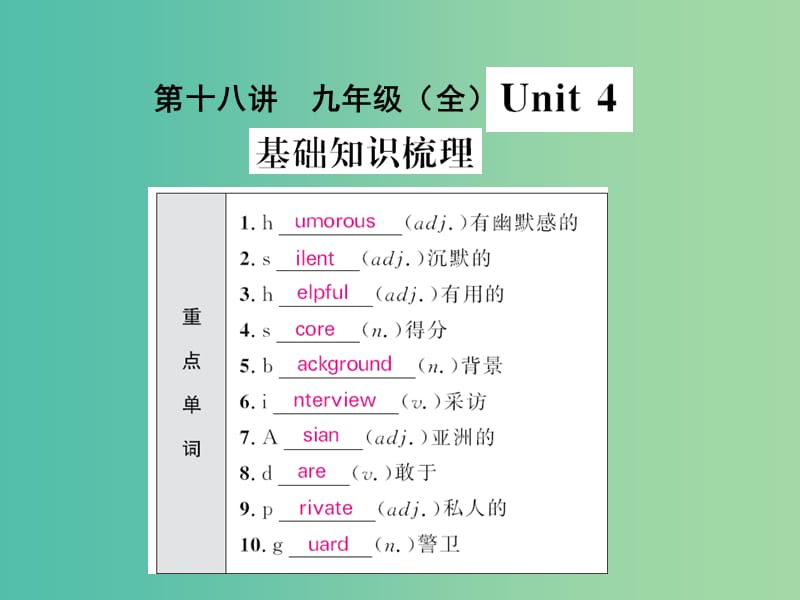 中考英语 基础知识梳理 第十八讲 九全 Unit 4 课件 人教新目标版.ppt_第1页