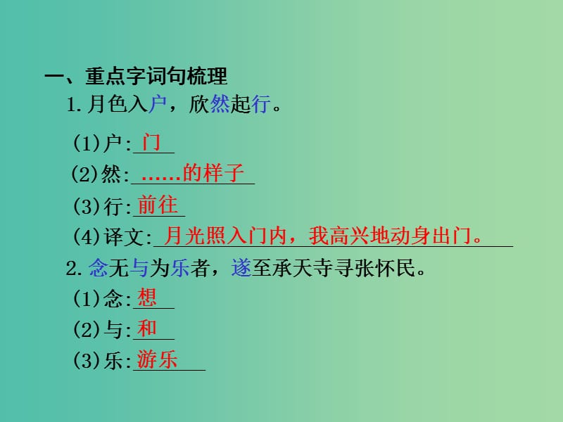 中考语文 第一部分 教材知识梳理 文言文知识复习 八上 三、记承天寺夜游课件.ppt_第2页