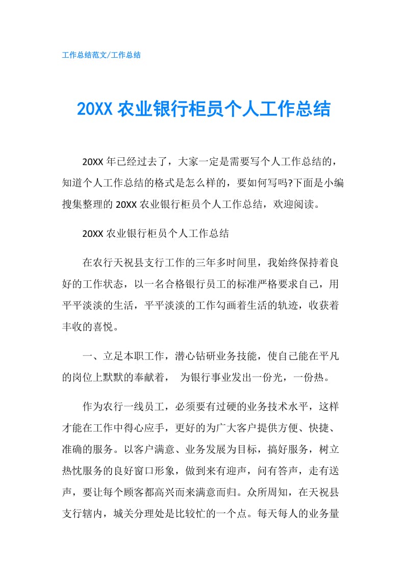 20XX农业银行柜员个人工作总结.doc_第1页
