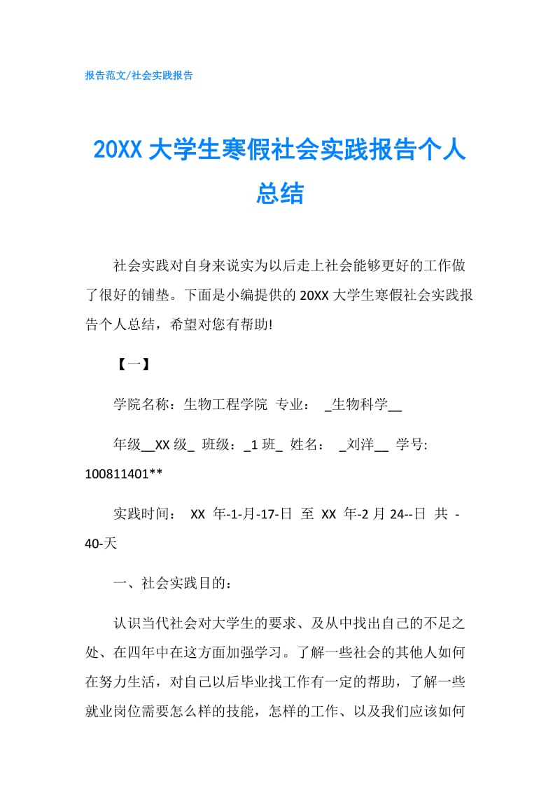 20XX大学生寒假社会实践报告个人总结.doc_第1页