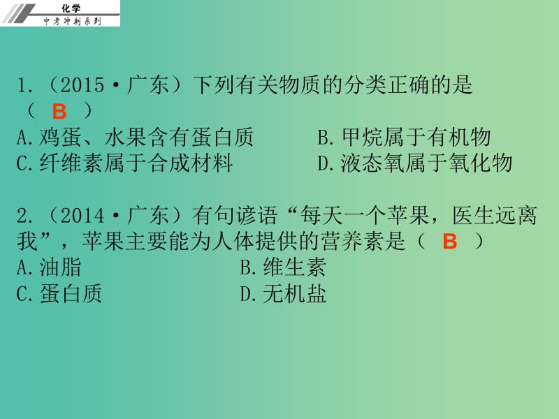 中考化学总复习 第二十一章 化学物质与健康、有机合成材料（课后作业本）课件.ppt_第2页