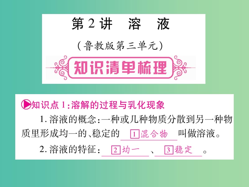 中考化学总复习 第一轮 知识系统复习 第二讲 溶液课件 鲁教版.ppt_第1页