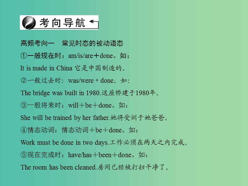 中考英语总复习 第二轮 语法考点聚焦 第33讲 动词的语态课件 外研版.ppt_第3页