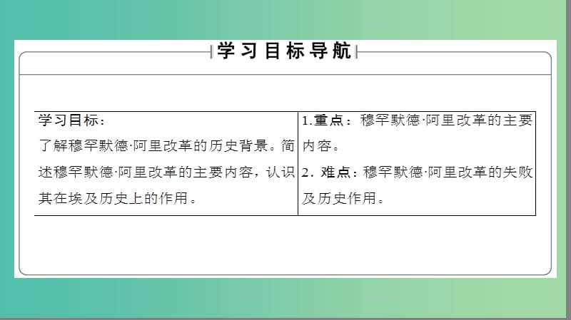 高中历史 第4单元 工业文明冲击下的改革 第13课 穆罕默德阿里改革课件 岳麓版选修1.ppt_第2页