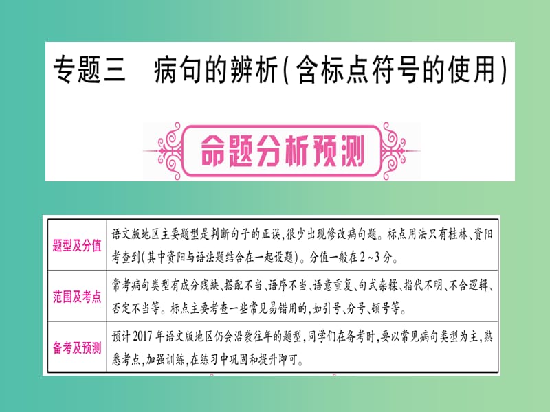 中考语文 专题复习精讲 专题三 病句的辨析（含标点符号的使用）课件 语文版.ppt_第1页