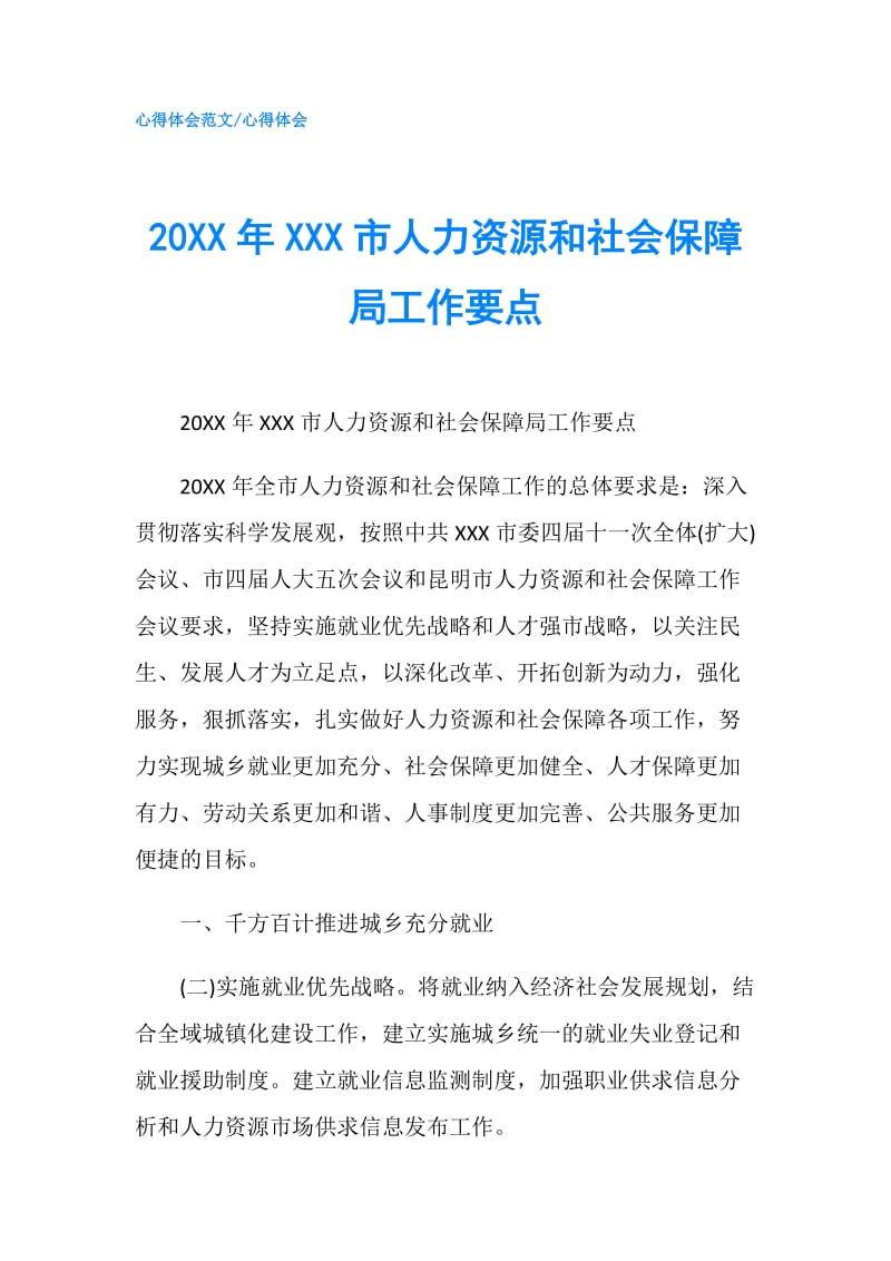 20XX年XXX市人力资源和社会保障局工作要点.doc_第1页