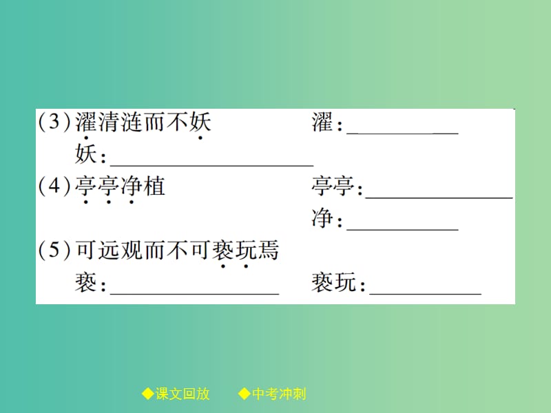 中考语文总复习 第2部分 古诗文积累与阅读 专题14 文言文阅读（规定篇目复习）（19）爱莲说课件.ppt_第3页