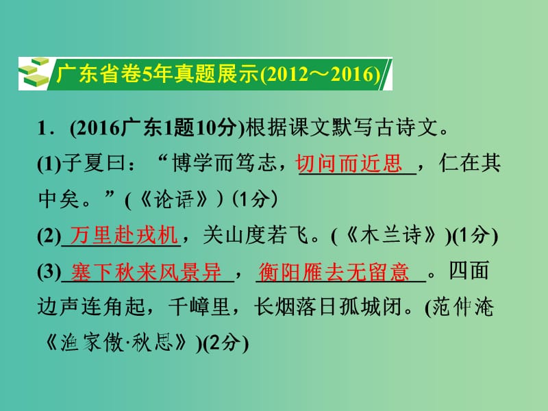 中考语文试题研究 第一部分 基础 专题一 古诗文默写课件.ppt_第2页