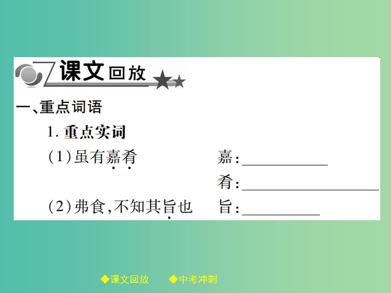 中考语文总复习 第2部分 古诗文积累与阅读 专题14 文言文阅读（规定篇目复习）（7）虽有嘉肴课件.ppt_第2页