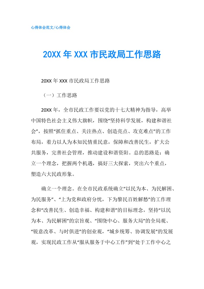 20XX年XXX市民政局工作思路.doc_第1页