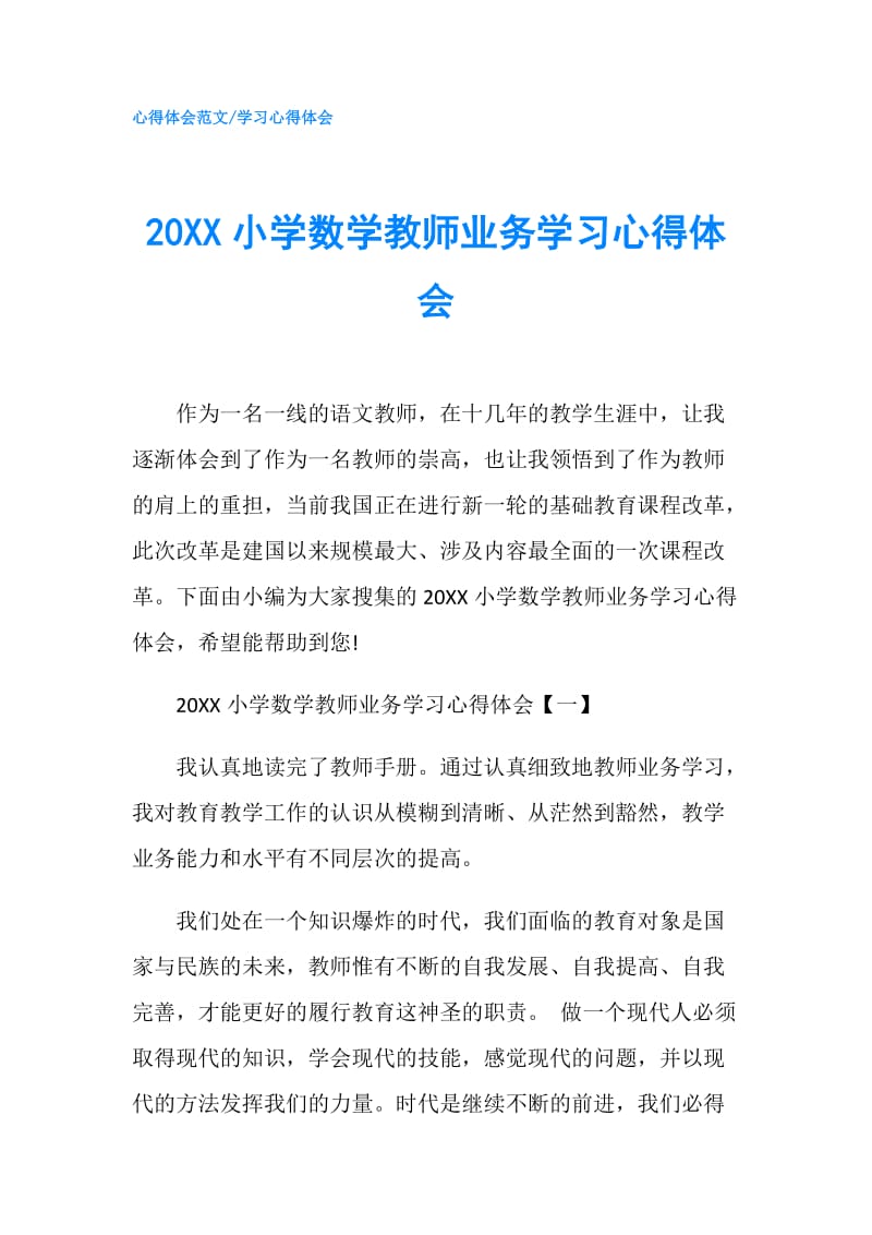 20XX小学数学教师业务学习心得体会.doc_第1页