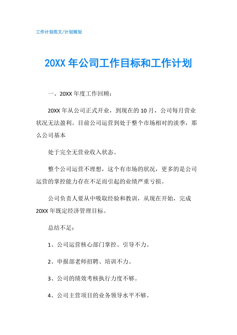 20XX年公司工作目标和工作计划.doc_第1页