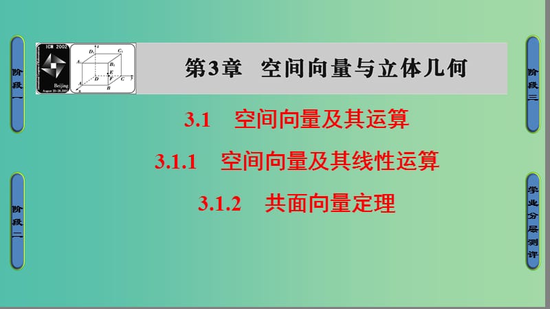 高中数学 第3章 空间向量与立体几何 3.1.1 空间向量及其线性运算 3.1.2 共面向量定理课件 苏教版选修2-1.ppt_第1页