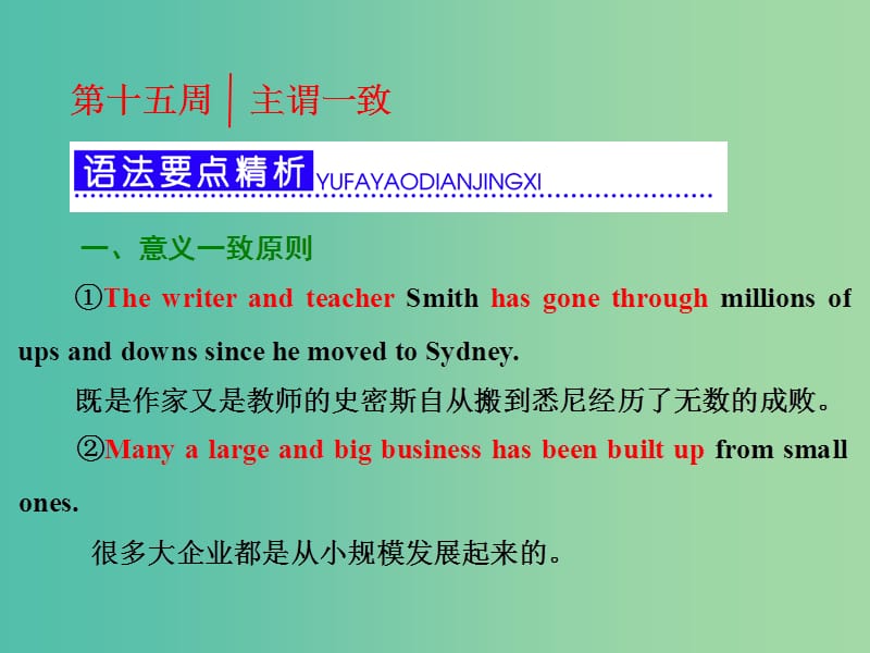 高考英语一轮复习 第三部分 语法突破 周计划 第十五周 主谓一致课件.ppt_第1页