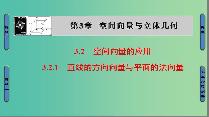 高中数学 第3章 空间向量与立体几何 3.2.1 直线的方向向量与平面的法向量课件 苏教版选修2-1.ppt_第1页