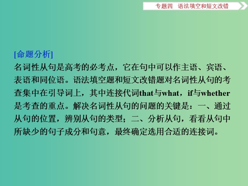 高考英语二轮复习 第一部分 题型专题方略 专题四 语法填空和短文改错 第三讲 语法专题 八 名词性从句课件.ppt_第2页