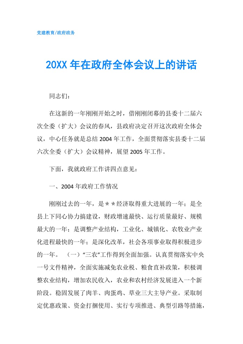 20XX年在全体会议上的讲话.doc_第1页