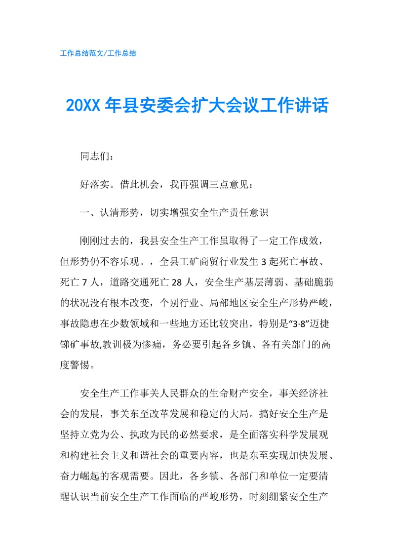 20XX年县安委会扩大会议工作讲话.doc_第1页