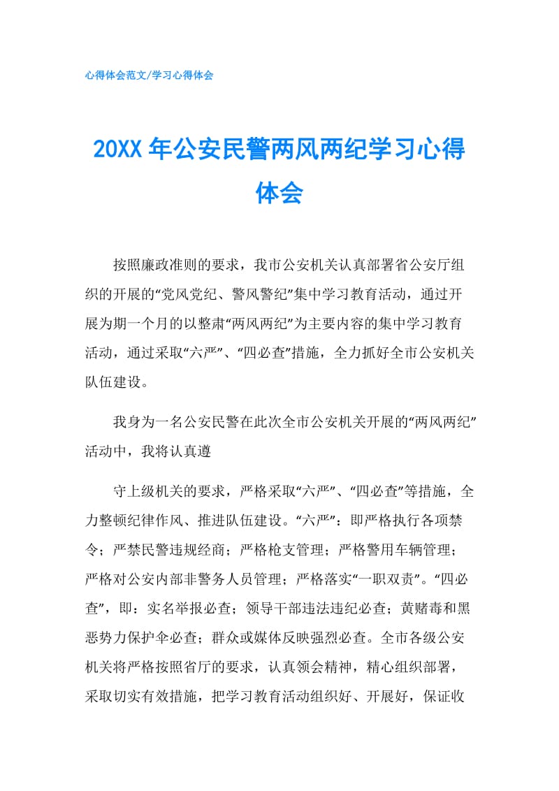 20XX年公安民警两风两纪学习心得体会.doc_第1页