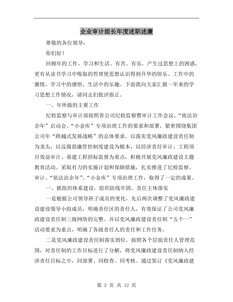 企业审计组长年度述职述廉B.doc_第2页