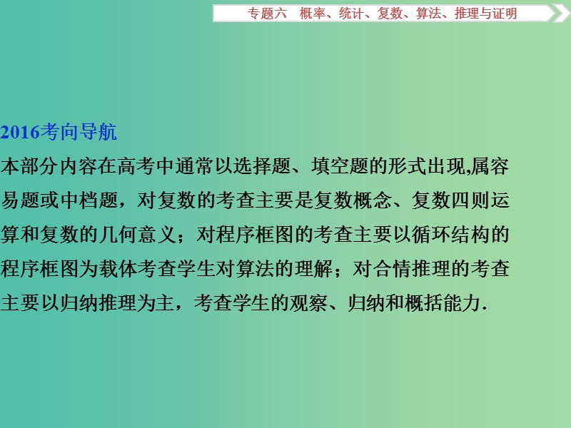 高考数学二轮复习 第一部分专题六 概率、统计、复数、算法、推理与证明 第4讲 复数、算法、推理与证明课件 理.ppt_第2页