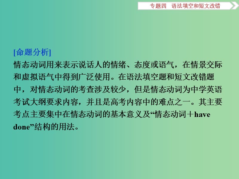 高考英语二轮复习 第一部分 题型专题方略 专题四 语法填空和短文改错 第三讲 语法专题 六 情态动词课件.ppt_第2页