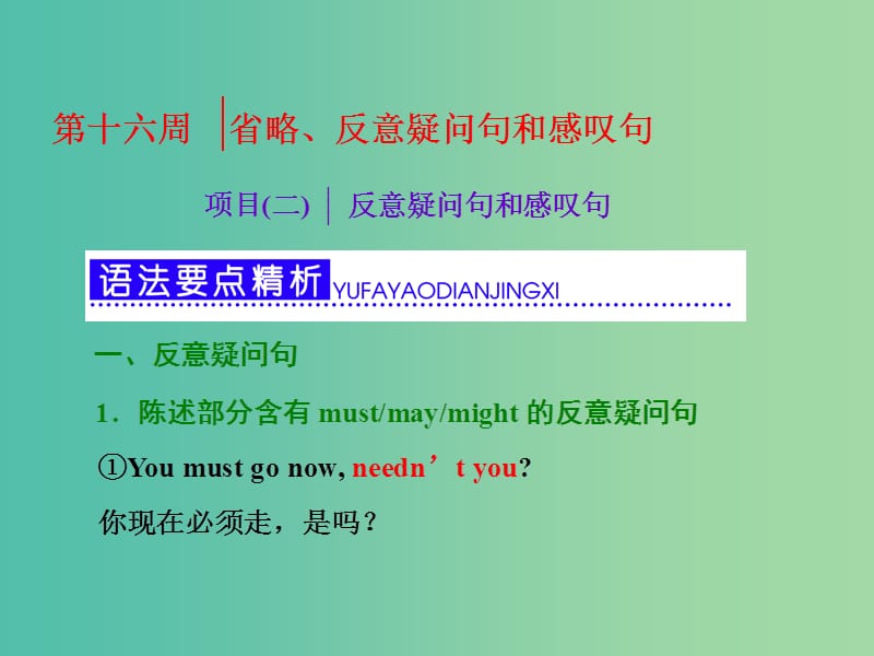 高考英语一轮复习 第三部分 语法突破 周计划 第十六周 项目（二）反意疑问句和感叹句课件.ppt_第1页