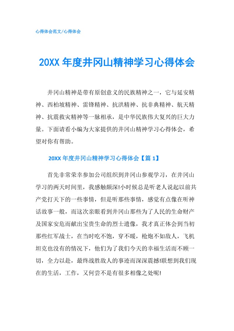 20XX年度井冈山精神学习心得体会.doc_第1页