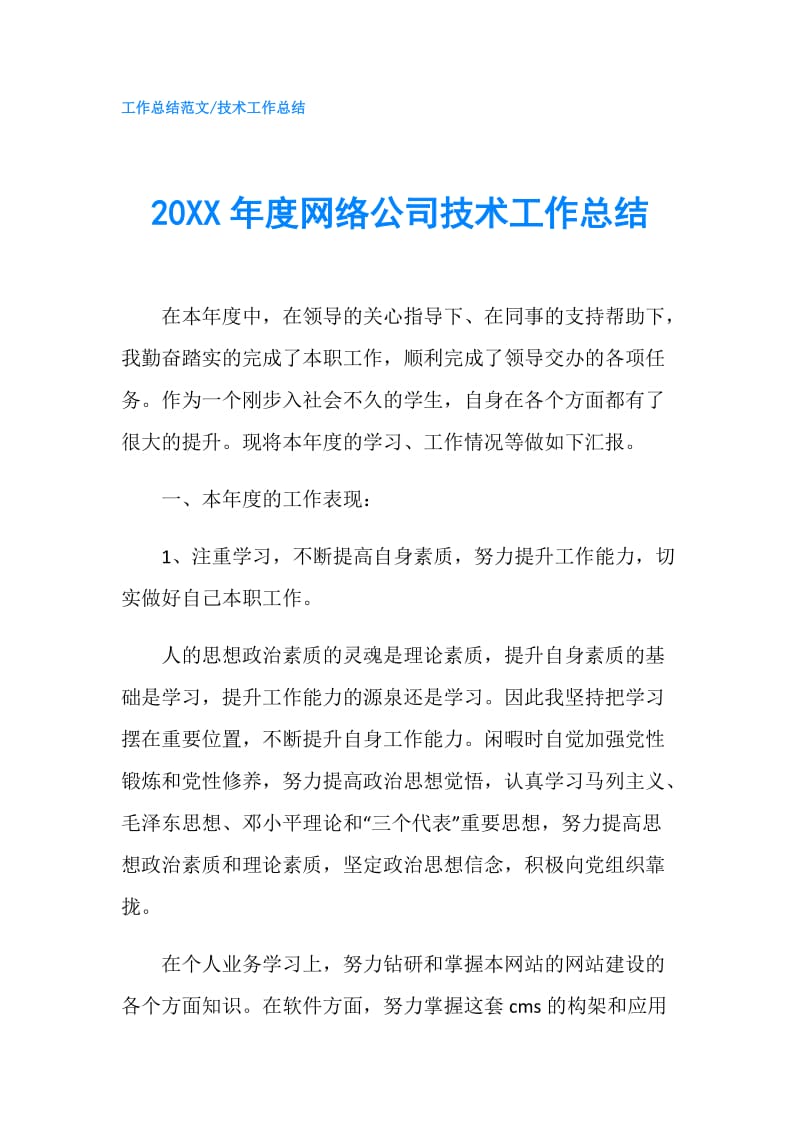 20XX年度网络公司技术工作总结.doc_第1页