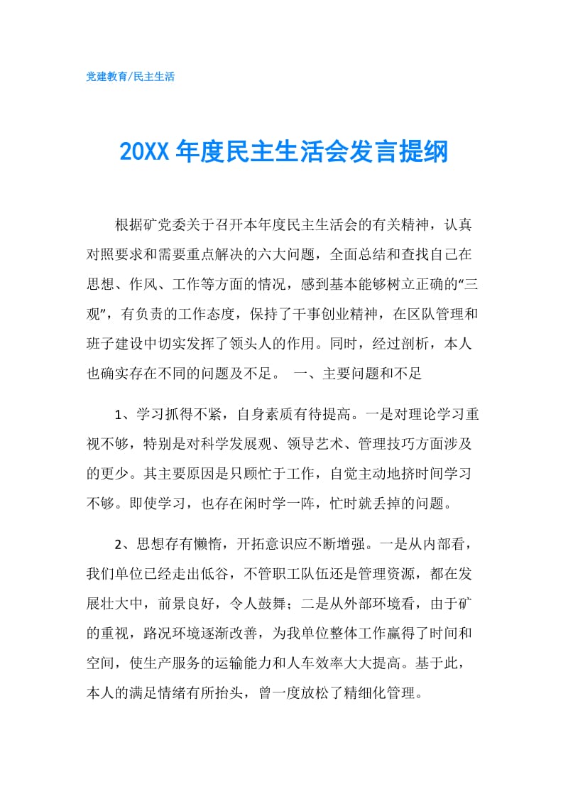 20XX年度民主生活会发言提纲.doc_第1页